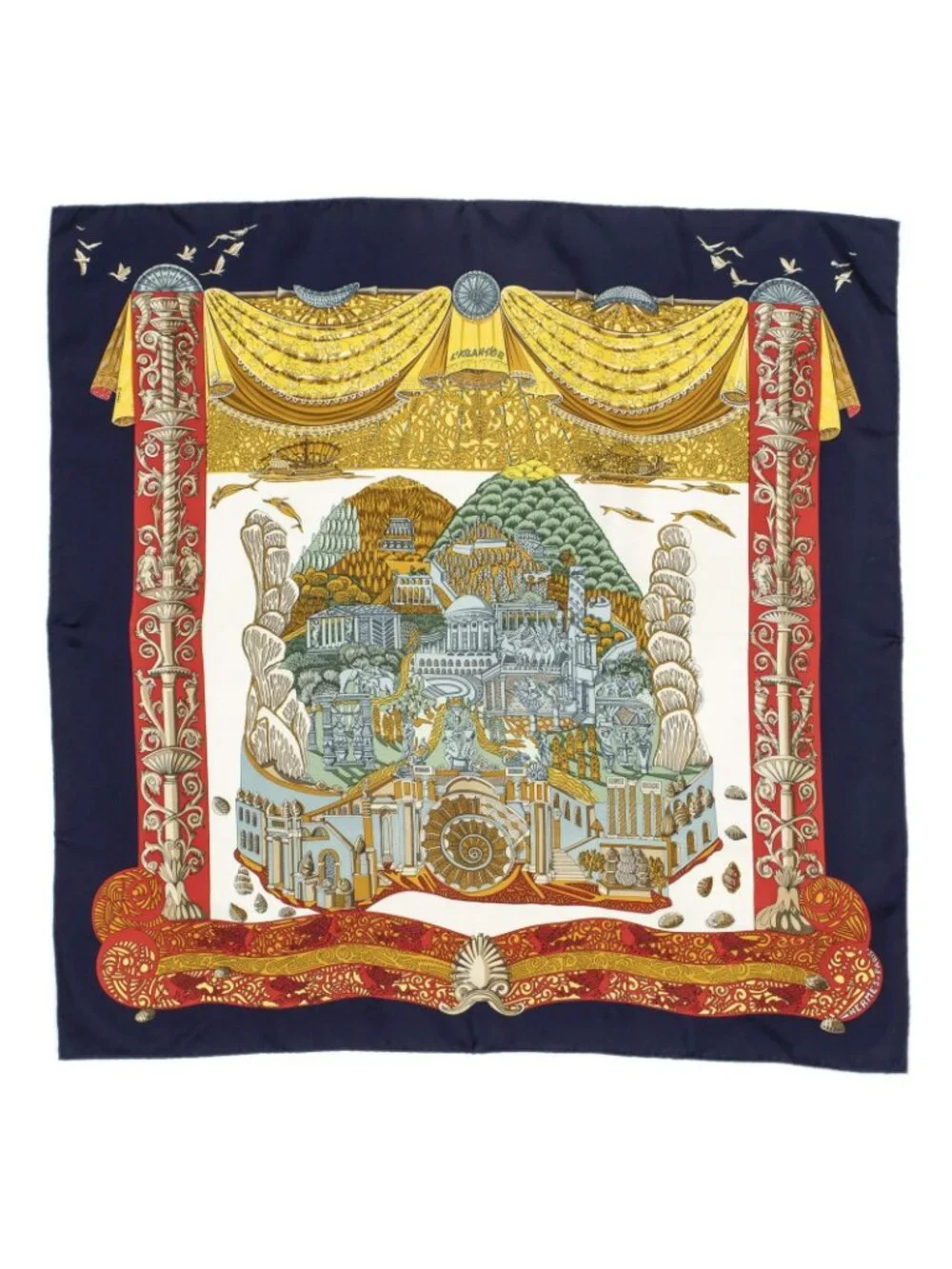 ★SOLD★ Hermes Scarf Navy Red Green Silk - Picture 2 of 5